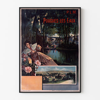 Póster turístico vintage – Pougues-les-Eaux, PLM, presentado en un marco fino sobre una pared clara.