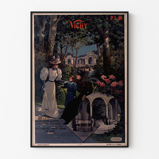 Póster turístico vintage – Vichy, PLM, mostrado en un marco fino sobre una pared clara.