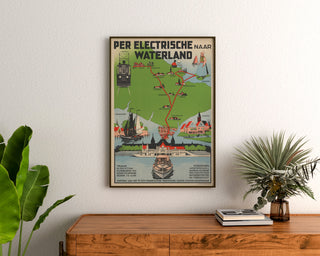 Vintage travel poster – Waterland, electric tram, framed above a wooden sideboard, between plants.