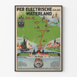 Vintage travel poster – Waterland, electric tram, shown in a thin frame on a light wall.