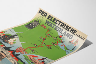 Vintage travel poster – Waterland, electric tram, presented on a curled sheet, viewed in perspective.