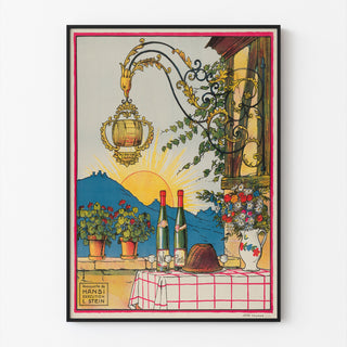 Póster de vino vintage – El buen vino de Alsacia – Hansi, presentado en un marco delgado sobre una pared clara.