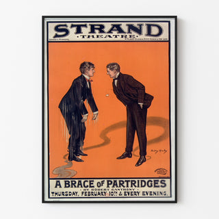 Cartel vintage A Brace of Partridges, Strand Theatre, presentado en un marco delgado sobre una pared clara.