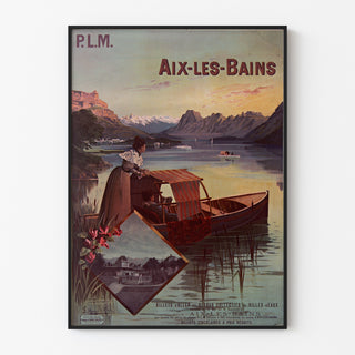 Póster vintage Aix-les-Bains, billetes colectivos PLM, presentado en un marco delgado sobre una pared clara.