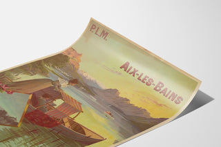 Póster vintage Aix-les-Bains, PLM, presentado en una hoja curvada, visto en perspectiva.
