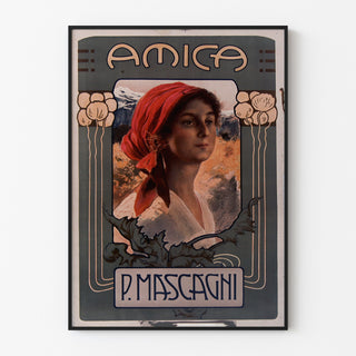 Póster vintage Amica, ópera, presentado en un marco delgado sobre una pared clara.