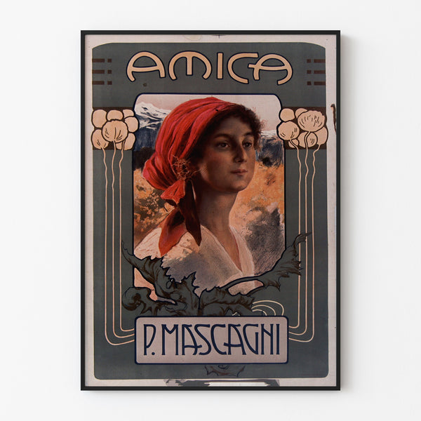 Póster vintage Amica, ópera, presentado en un marco delgado sobre una pared clara.