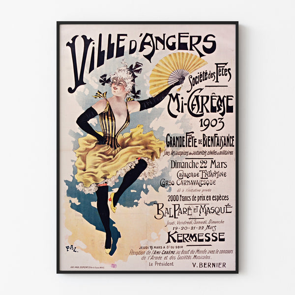 Póster vintage Angers, mi-carême, presentado en un marco fino sobre una pared clara.