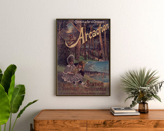 Vintage Arcachon poster, winter resort, framed above a wooden chest, between plants.