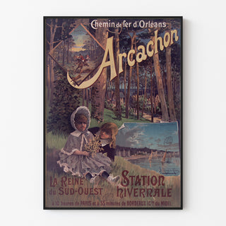 Vintage Arcachon poster, winter resort, displayed in a thin frame on a light wall.