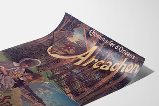 Vintage Arcachon poster, winter resort, shown on a curved sheet, perspective view.