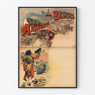 Vintage Béziers Arenas poster, displayed in a thin frame on a light wall.