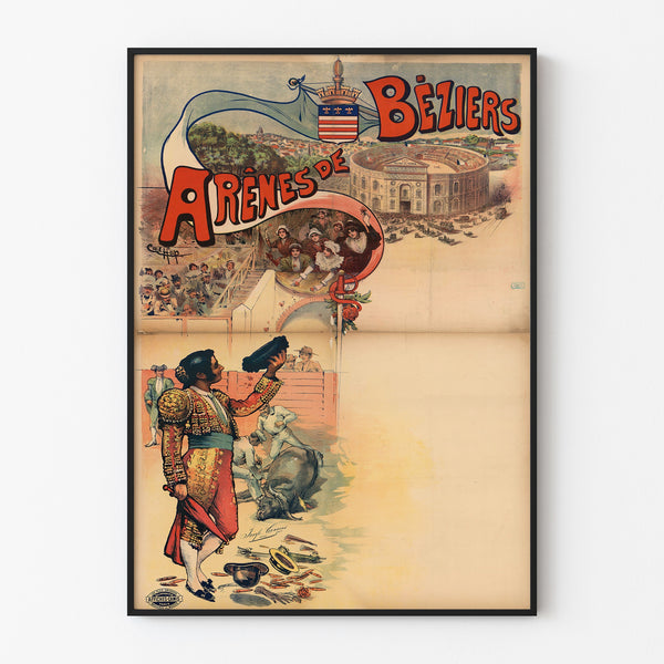Póster vintage Arenas de Béziers, presentado en un marco delgado sobre una pared clara.