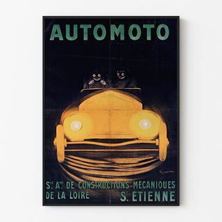 Póster vintage Automoto, Saint‑Étienne, enmarcado en una pared clara con marco fino.