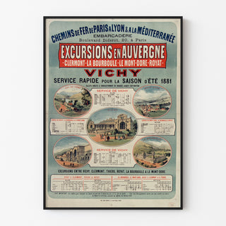 Póster vintage Auvergne, excursiones PLM, presentado en un marco fino sobre una pared clara.