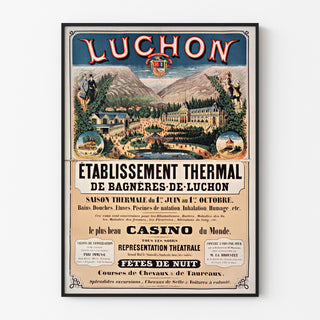 Póster vintage Bagnères-de-Luchon, balneario, presentado en un marco delgado sobre una pared clara.