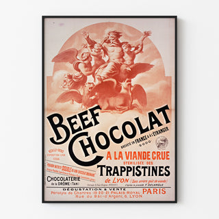 Póster vintage Beef Chocolat, chocolatería de la Drôme, presentado en un marco fino sobre una pared clara.