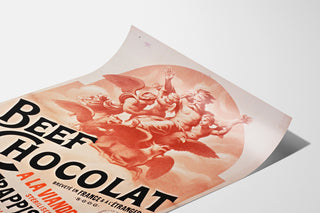 Póster vintage Beef Chocolat, chocolatería de la Drôme, presentado sobre una hoja curvada, visto en perspectiva.