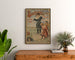 Póster vintage Boulogne-sur-Mer, 24 express, enmarcado sobre una cómoda de madera, entre plantas.
