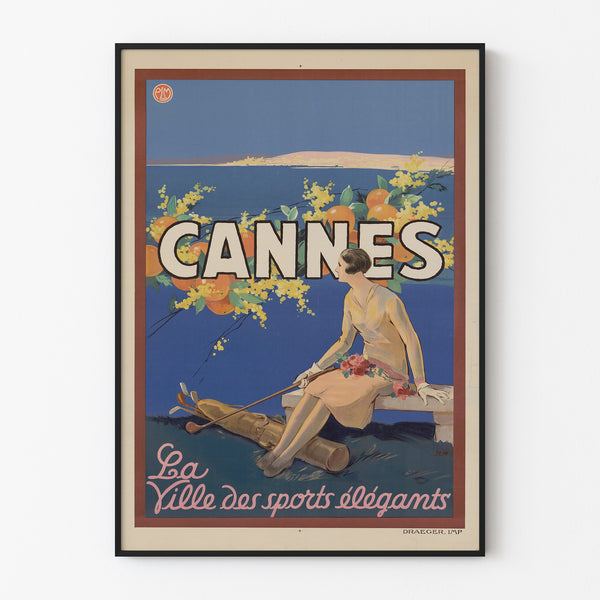 Póster vintage Cannes, les sports élégants, presentado en un marco fino sobre una pared clara.