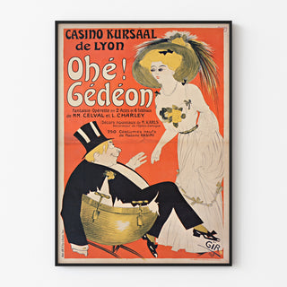 Vintage Casino Kursaal “Ohé Gédéon” poster, displayed in a slim frame on a light wall.