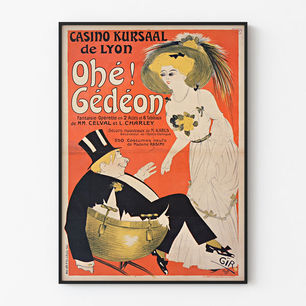 Póster vintage Casino Kursaal, Ohé Gédéon, presentado en un marco delgado sobre una pared clara.