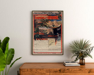Póster vintage Cévennes, excursiones en tren, enmarcado sobre una cómoda de madera, entre plantas.