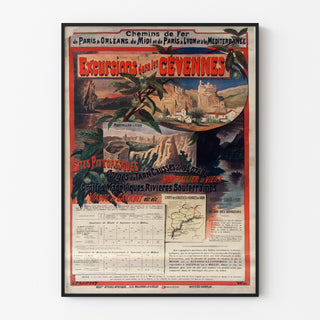 Póster vintage Cévennes, excursiones en tren, presentado en un marco fino sobre una pared clara.