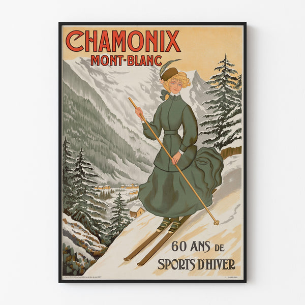 Cartel vintage Chamonix, 60 años de deportes de invierno, presentado en un marco fino sobre una pared clara.