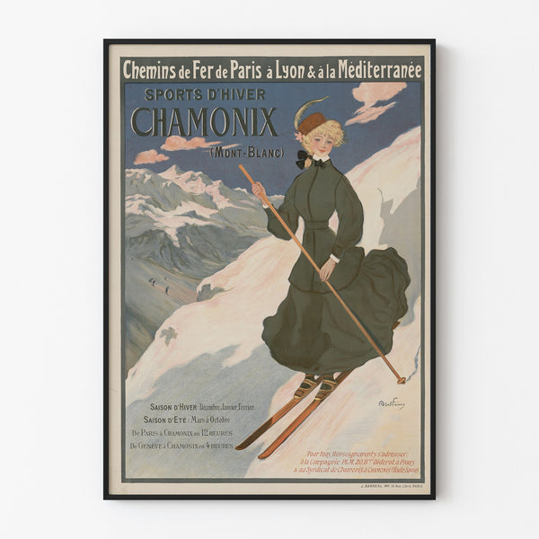 Cartel vintage Chamonix, deportes de invierno PLM, presentado en un marco fino sobre una pared clara.
