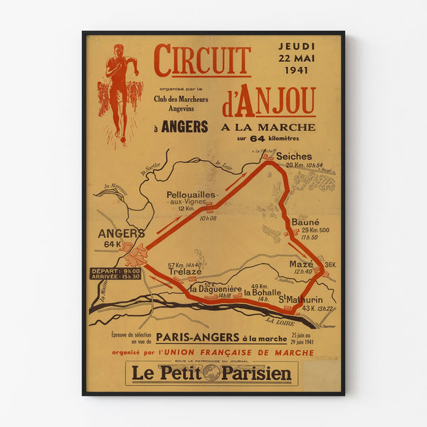 Póster vintage Circuit d’Anjou, marche, enmarcado en una pared clara con marco fino.