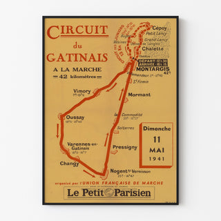 Póster vintage Circuit du Gâtinais, marche, enmarcado en una pared clara con marco fino.