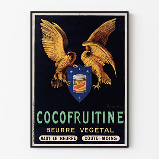 Póster vintage Cocofruitine, manteca vegetal, presentado en un marco delgado sobre una pared clara.