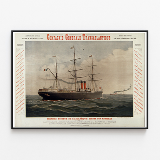 Vintage Compagnie Générale Transatlantique poster – Antilles lines, shown in a slim frame on a light wall.