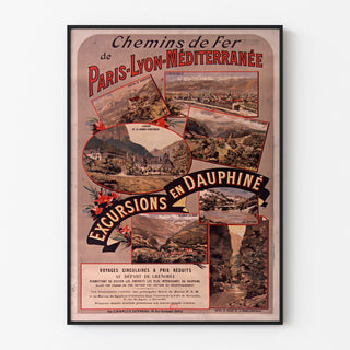 Póster vintage Dauphiné, excursiones PLM, presentado en un marco delgado sobre una pared clara.