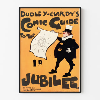 Cartel vintage Dudley Hardy, comic guide, presentado en un marco delgado sobre una pared clara.