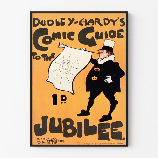 Cartel vintage Dudley Hardy, comic guide, presentado en un marco delgado sobre una pared clara.