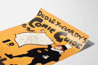 Cartel vintage Dudley Hardy, comic guide, presentado sobre una hoja curvada, visto en perspectiva.