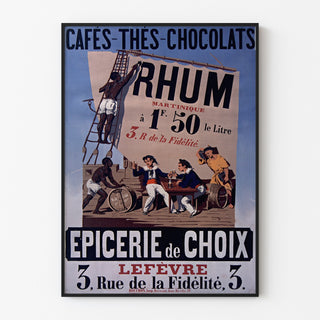 Póster vintage Épicerie Lefèvre, cafés y chocolates, enmarcado con marco delgado sobre una pared clara.