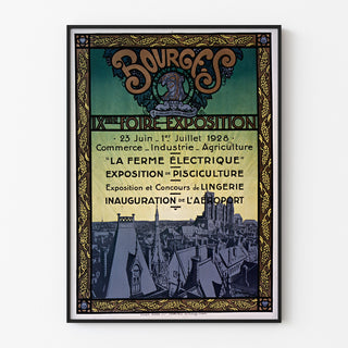 Cartel vintage Feria-exposición de Bourges, presentado en un marco fino sobre una pared clara.