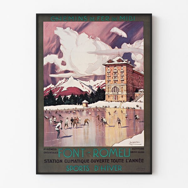Póster vintage de Font-Romeu, deportes de invierno, presentado en un marco delgado sobre una pared clara.