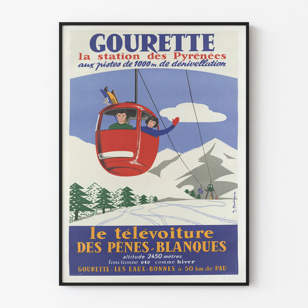 Póster vintage Gourette, teleférico, presentado en un marco fino sobre una pared clara.