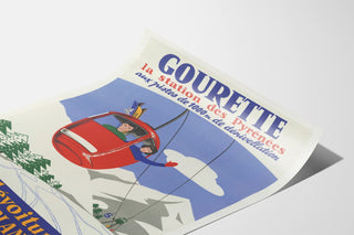 Vintage Gourette Télévoiture poster, presented on a curled sheet, seen in perspective.