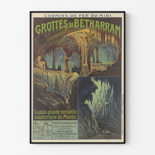 Póster vintage Grutas de Bétharram, presentado en un marco fino sobre una pared clara.