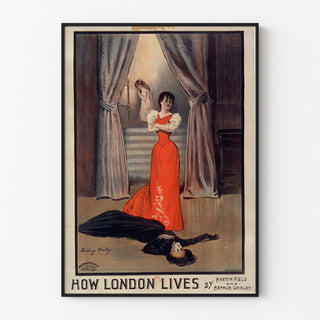 Póster vintage How London Lives, Surrey Theatre, presentado en un marco delgado sobre una pared clara.