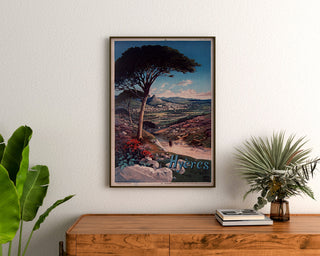 Póster vintage Hyères, enmarcado sobre una cómoda de madera, entre plantas.