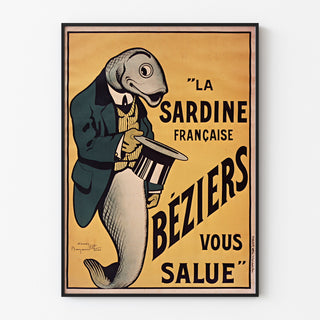 Póster vintage La Sardine française, Béziers, presentado en un marco delgado sobre una pared clara.