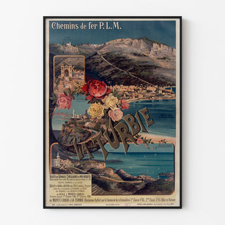 Póster vintage La Turbie, ferrocarriles PLM, presentado en un marco delgado sobre una pared clara.
