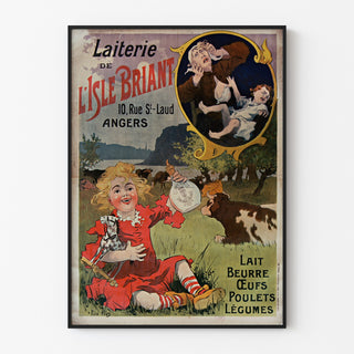 Póster vintage Laiterie de l’Isle Briant, Angers, presentado en un marco fino sobre una pared clara.