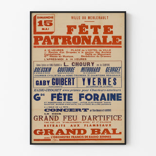 Póster vintage Le Merlerault, fiesta patronal, presentado en un marco fino sobre una pared clara.